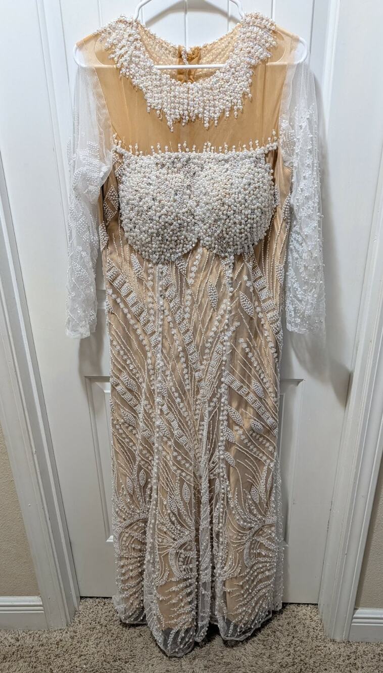 Custom Formal Bridal Gown Dress Pearls Embellished Sequin White Lace Nude Sz S 4